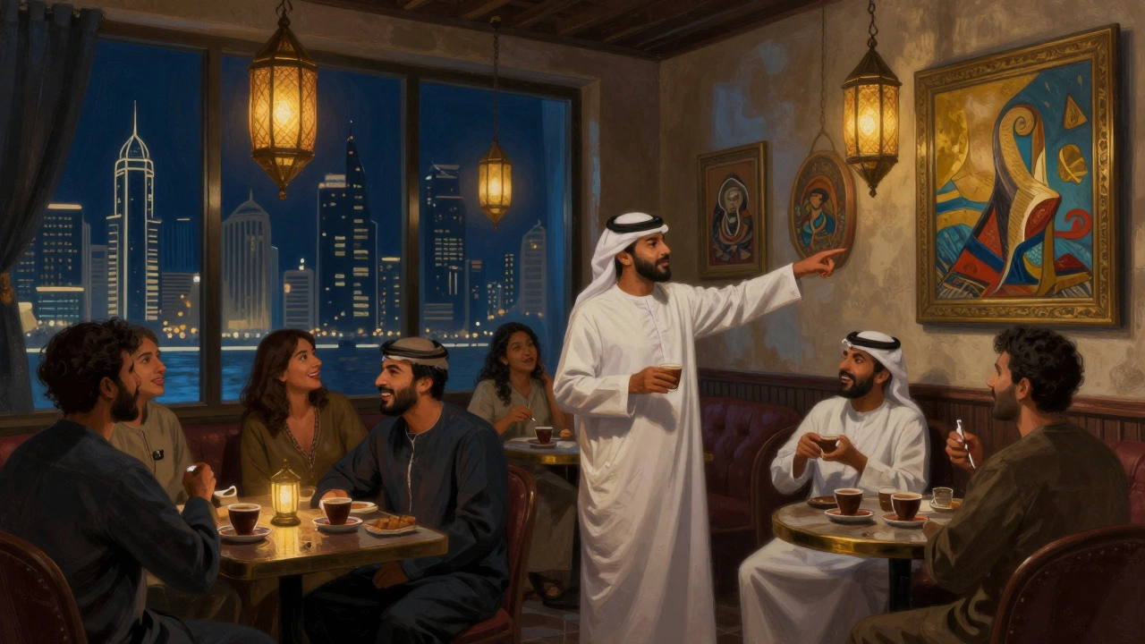 An elite guide shares a quiet moment in a hidden Dubai speakeasy, guests enjoying coffee and art under soft lantern light.