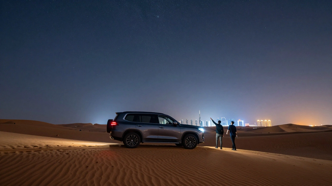 Silhouettes at a desert dune at night, overlooking Dubai’s glowing skyline under a vast starry sky.